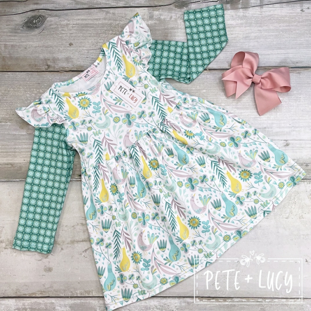 Little girls Pete and Lucy boutique dress, birds, long sleeve